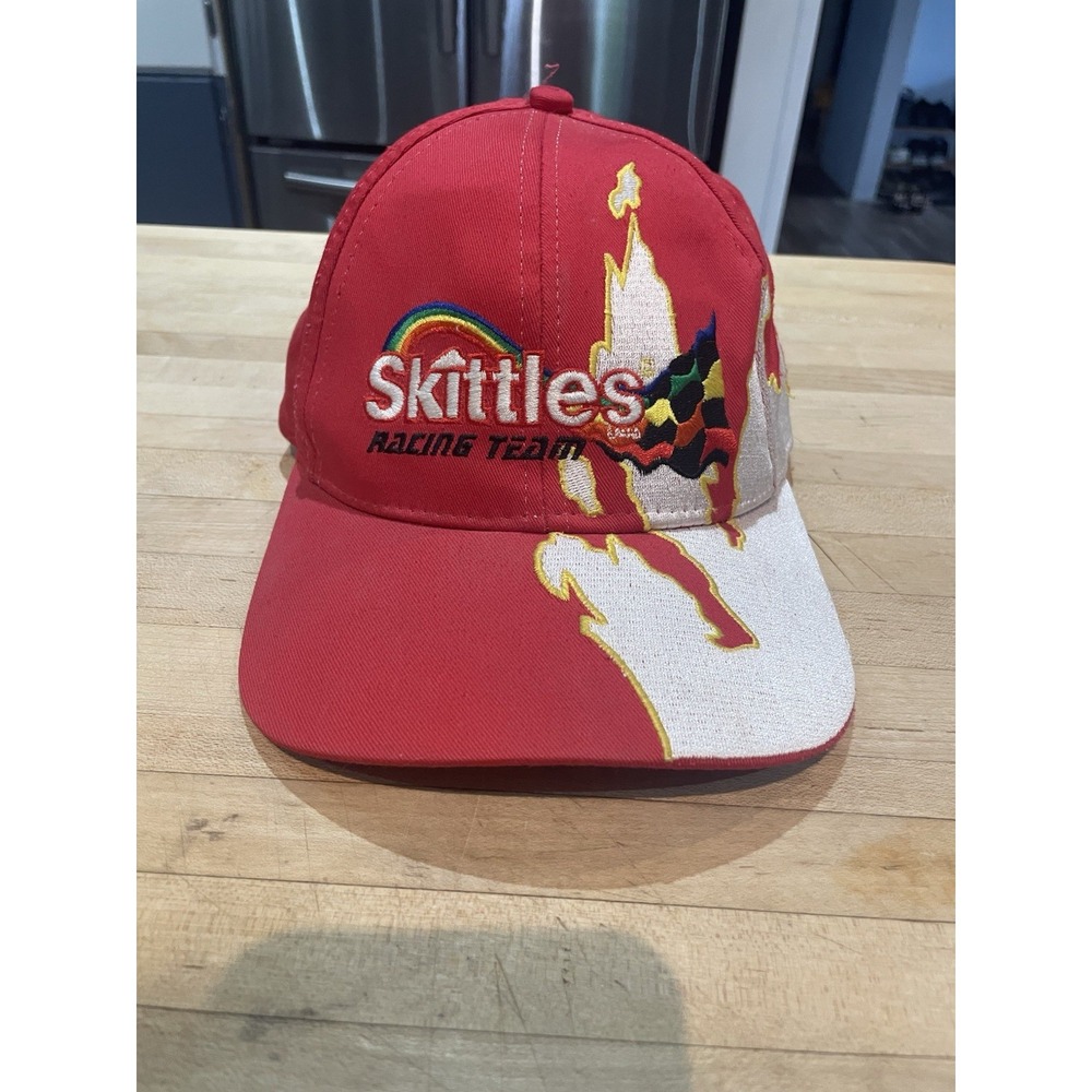 Vintage Nascar Hat Cap Strap Back Skittles Racing Y2K Fire Flames Red T38